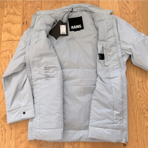Rains NWT Overshirt Jacket Sky Blue XL Shacket Zip Front Long Sleeves 15520 $250